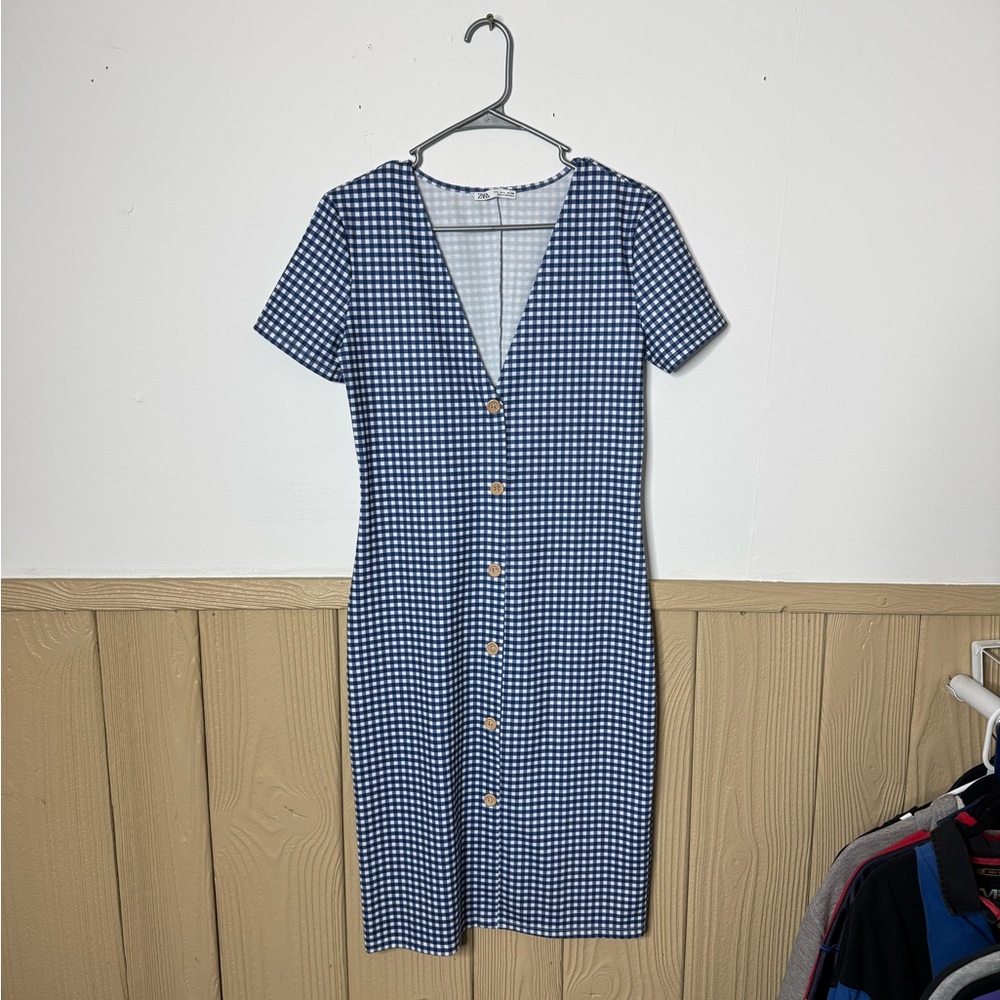 ZARA Blue Gingham Bodycon Dress